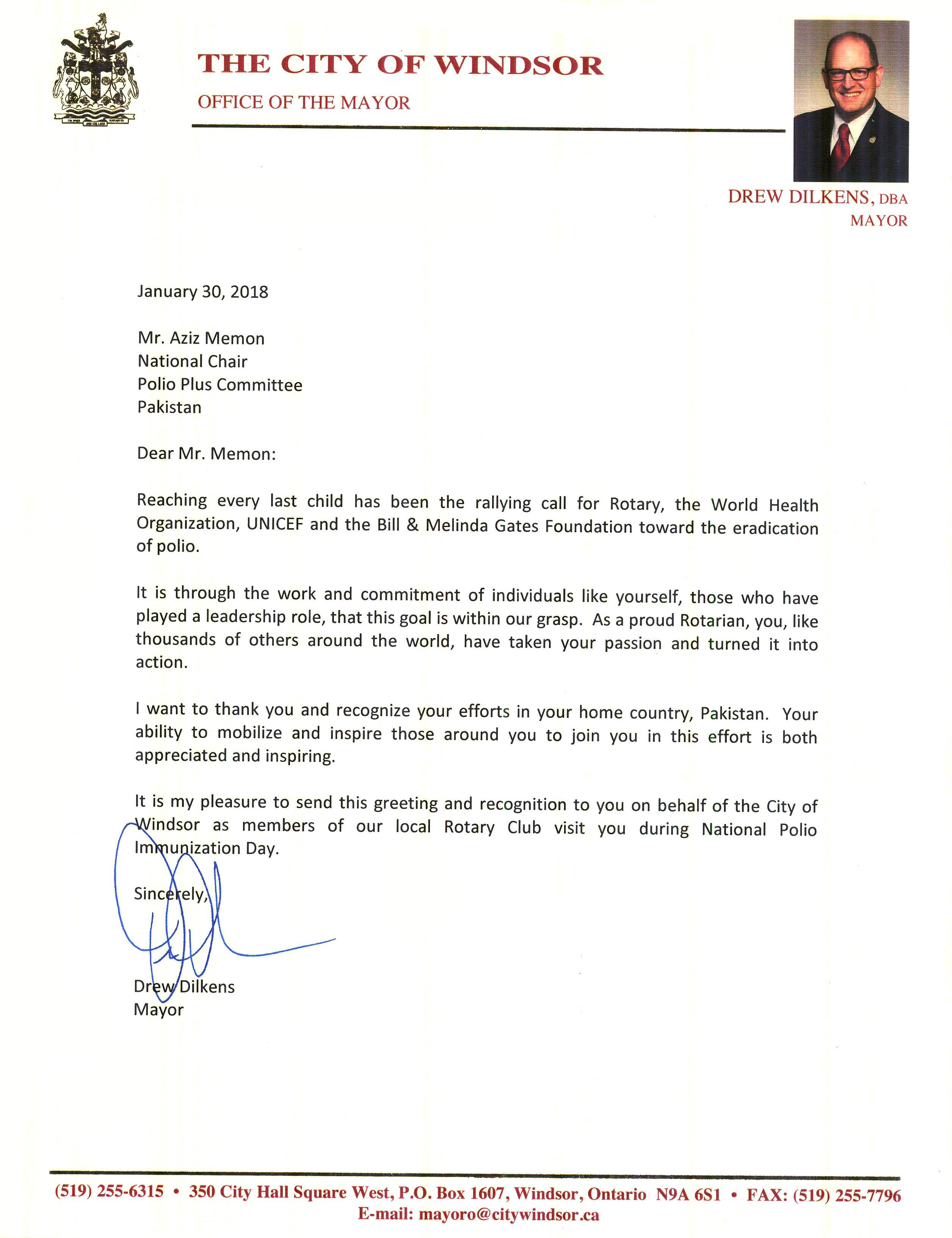 Letter From Mayor of Windsor